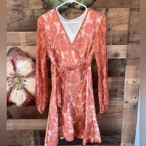 Women's Floral Flower Lace Faux Wrap Mini Dresses